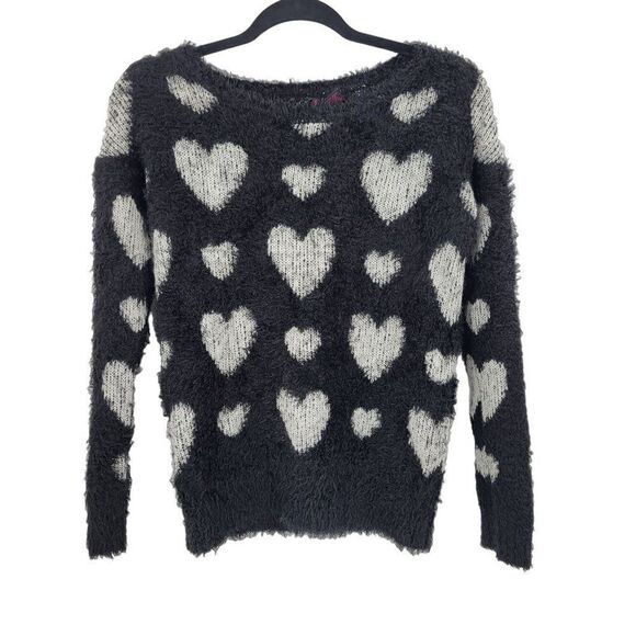 Vintage Fuzzy Eyelash Sweater‎ XS Black White Heart Stretch Whimsical Kidcore - Picture 1 of 11